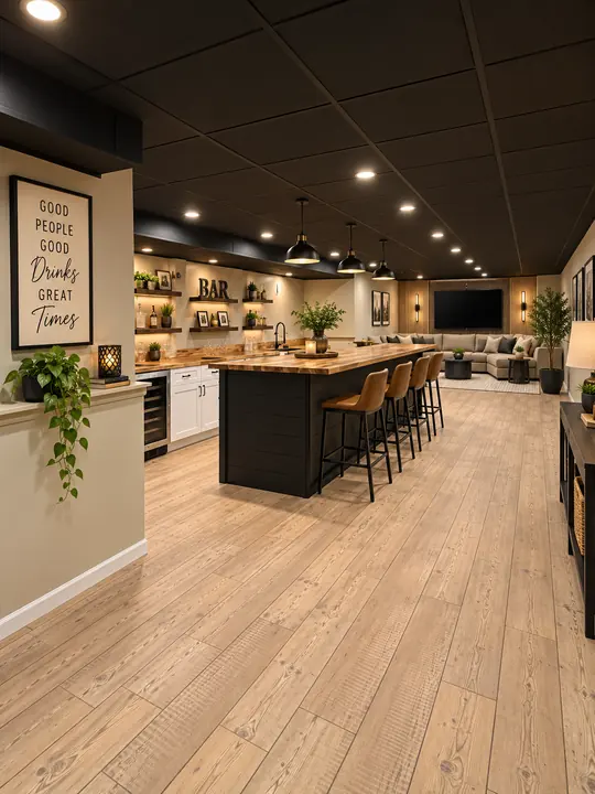 Basement bar island with butcher-block top, pendants and wine fridge