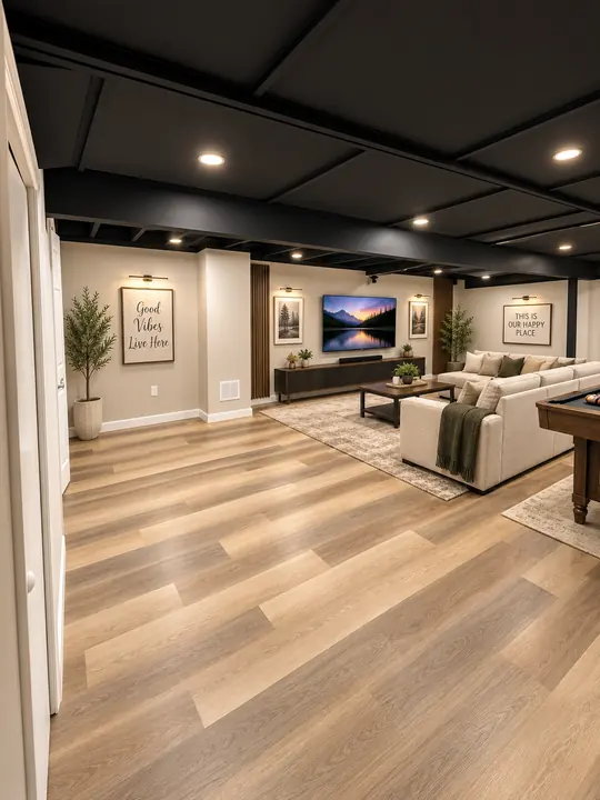 Basement media lounge with slat accents and painted black ceiling