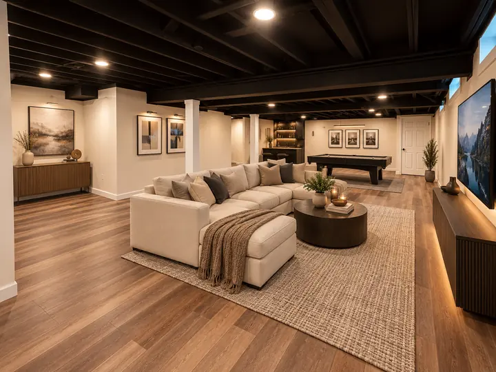Open basement with sectional, round table, pool table and bar