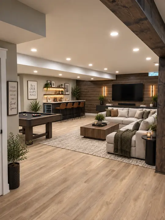Basement with wood-wrapped beam, plank TV wall, bar and pool table