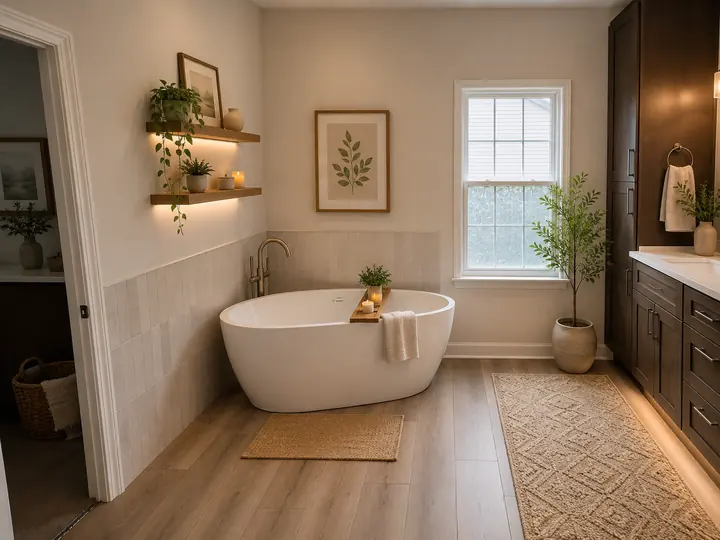 Bathroom with oval soaking tub, floating shelves and tile wainscot