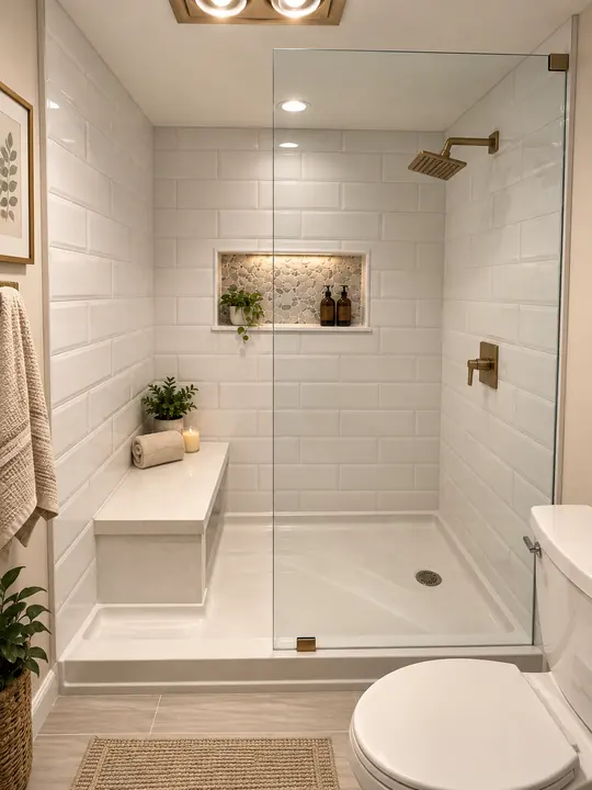 Walk-in shower with bench, beveled subway tile, pebble niche and brushed brass