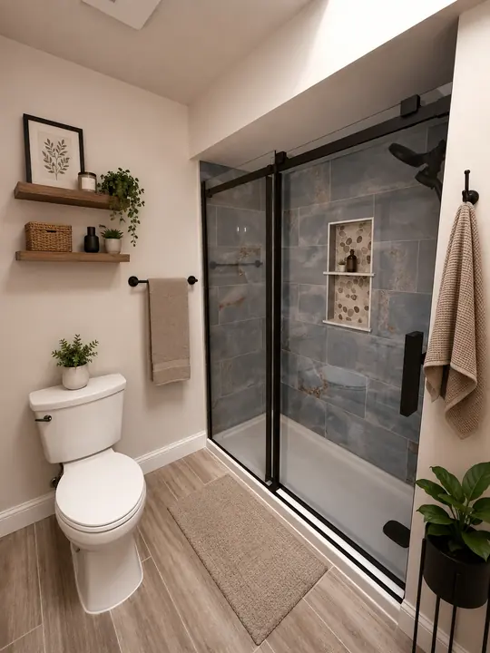 Shower with blue marble-look tile, pebble niche and black sliding door