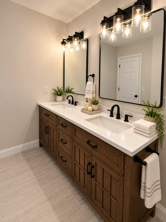 Wood double vanity with quartz top, black faucets and mirrors