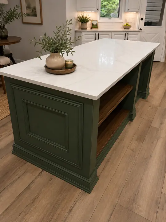 Green painted kitchen island with raised panels, quartz top and walnut shelves