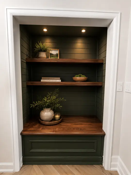 Built-in nook with green shiplap, walnut shelves and recessed lights