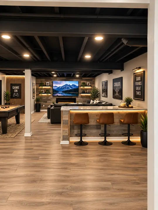 Man cave with pool table, bar with LED lighting and reclaimed-wood TV wall