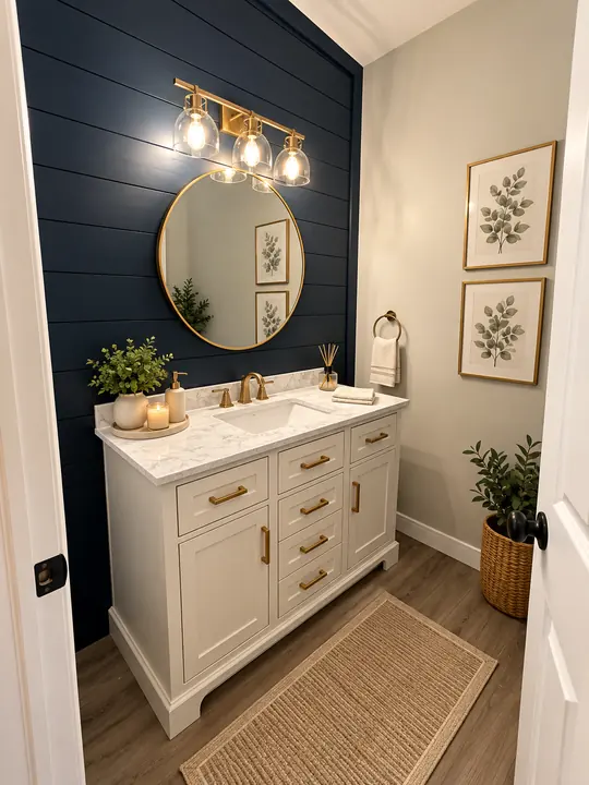 Powder room with navy shiplap wall, round brass mirror and white vanity
